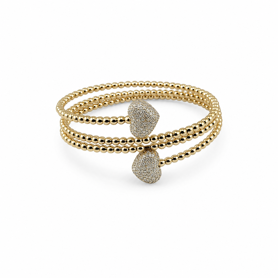 14K Gold Plated Sterling Silver & CZ Pavé Heart Beaded Wrap Bracelet