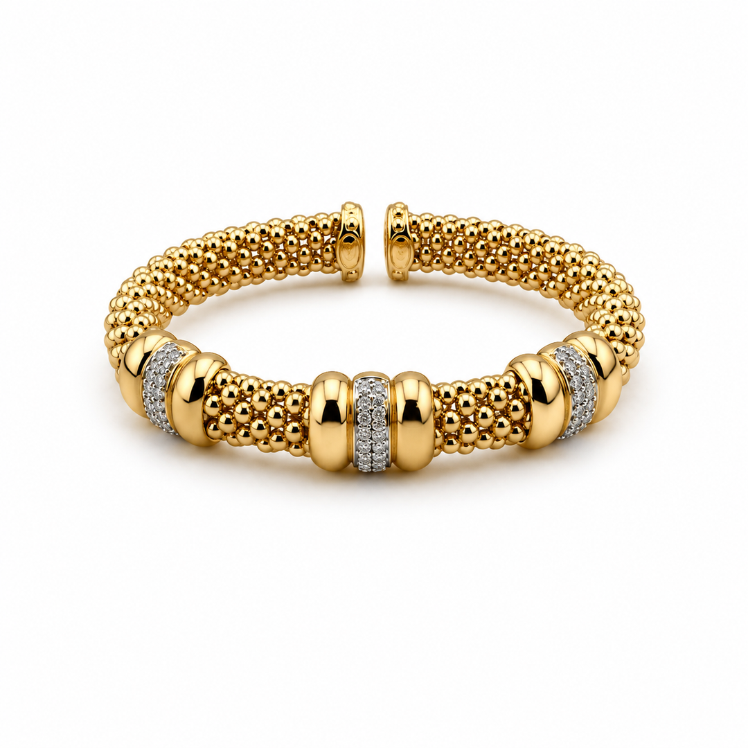 14K Gold Plated Sterling Silver & CZ Pavé Station Beaded Cuff Bracelet