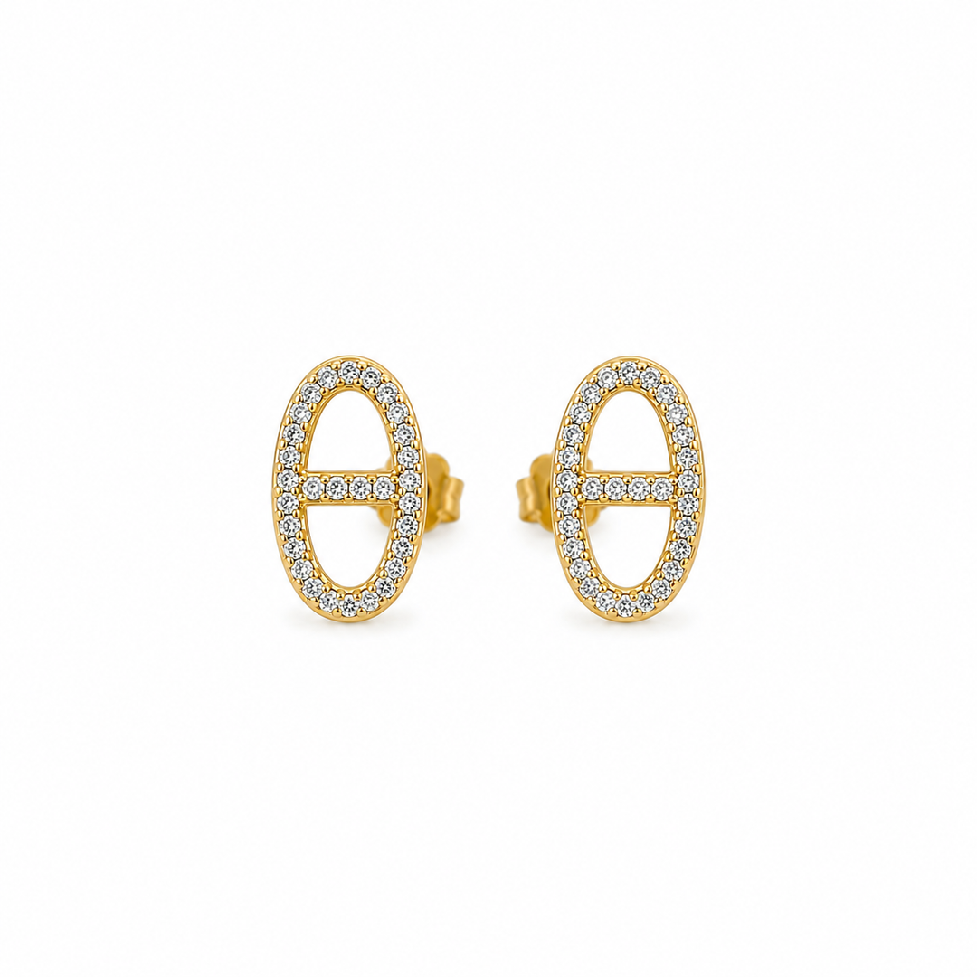 14K Gold Plated Sterling Silver & CZ Pavé Oval Stud Earrings