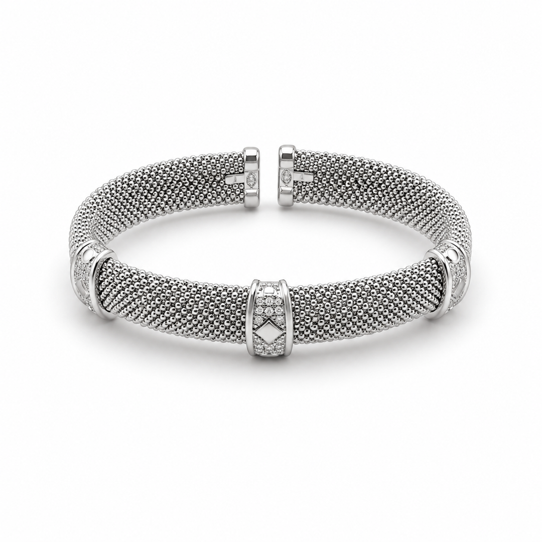 Gold Plated Sterling Silver & Pavé CZ Beaded Cuff Bracelet