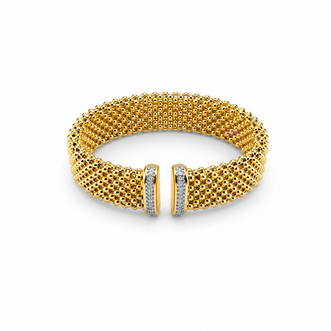 14K Gold Plated Sterling Silver & CZ Pavé Beaded Mesh Cuff Bracelet