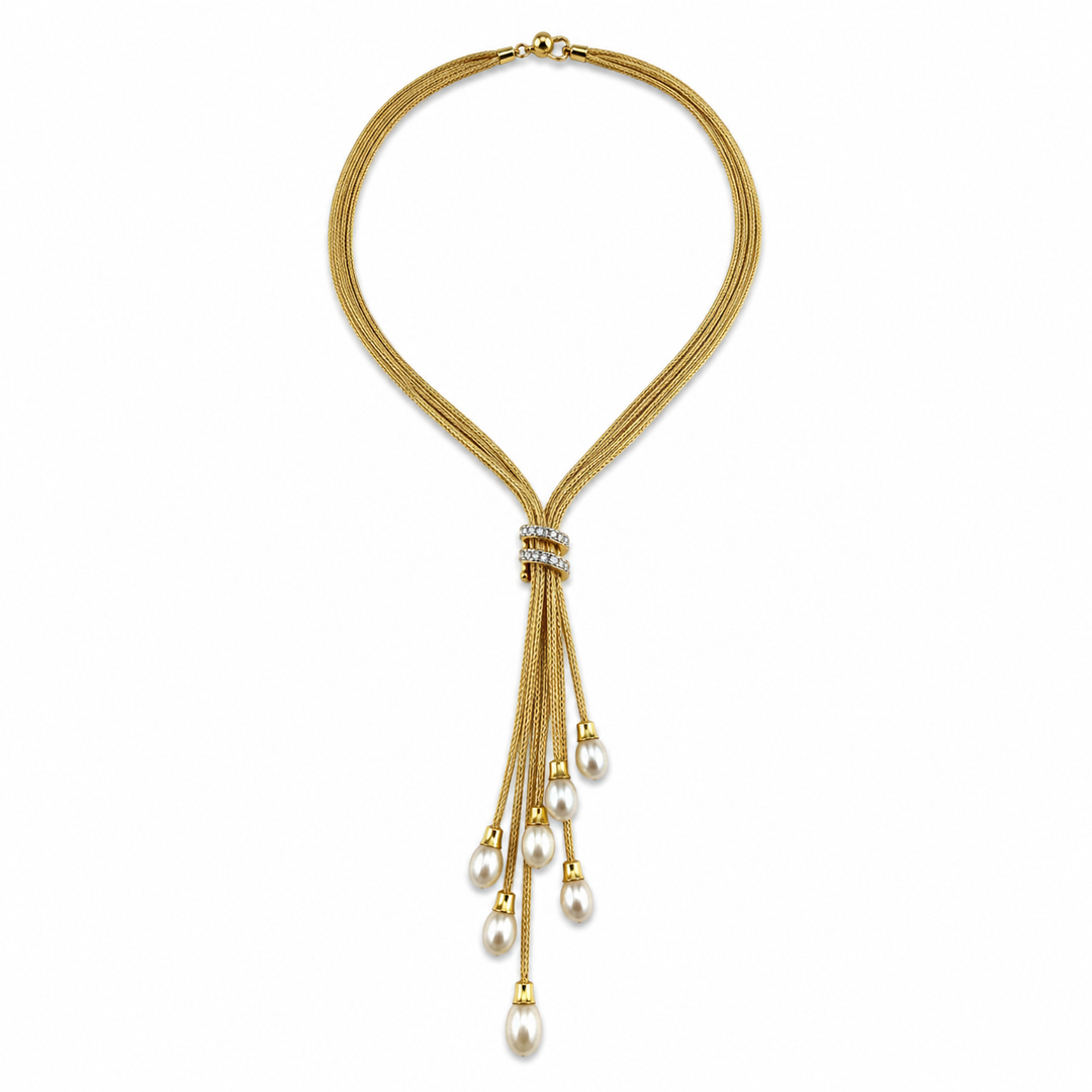 14K Gold Plated Sterling Silver, CZ & Pearl Tassel Lariat Necklace
