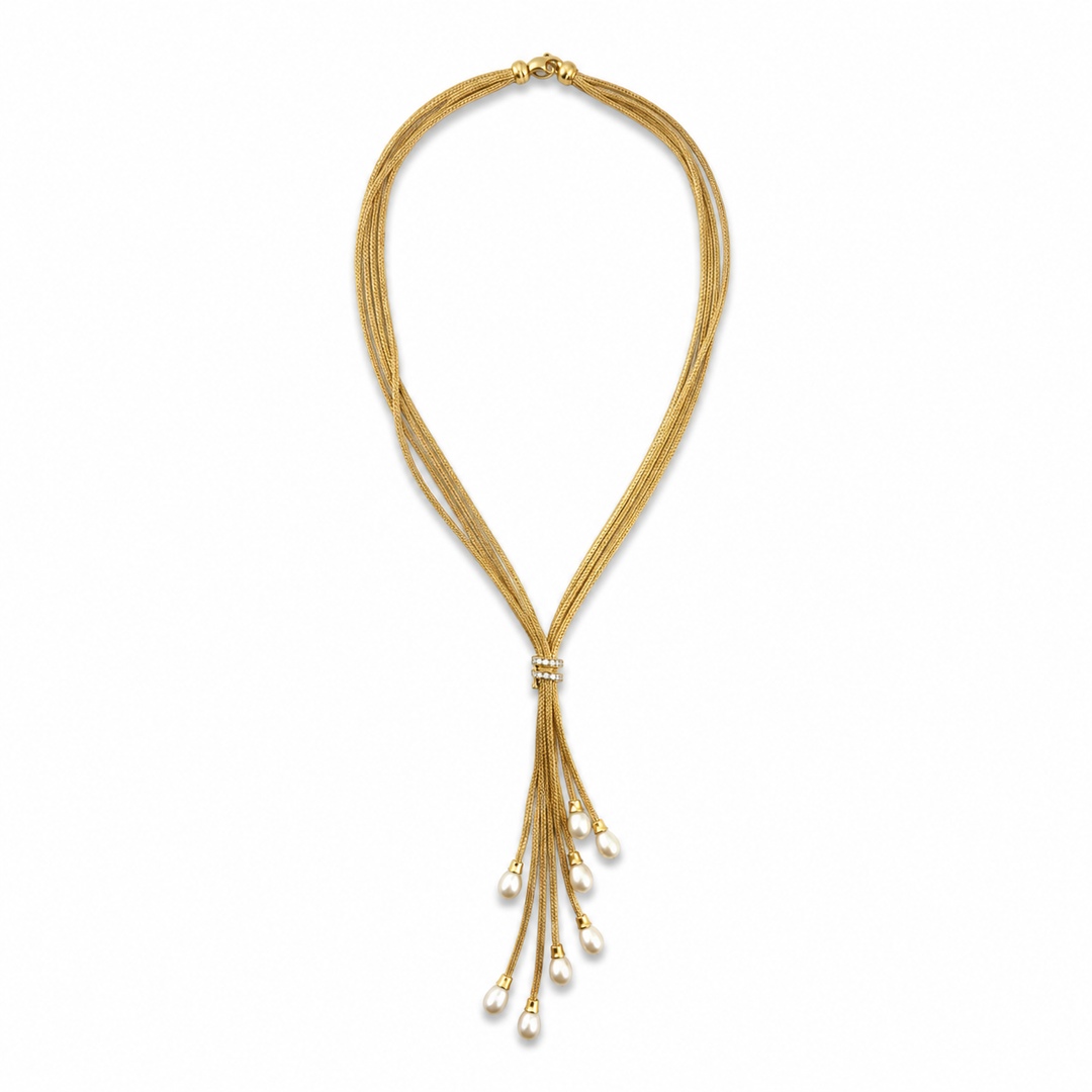 14K Gold Plated Sterling Silver, CZ & Pearl Tassel Lariat Necklace