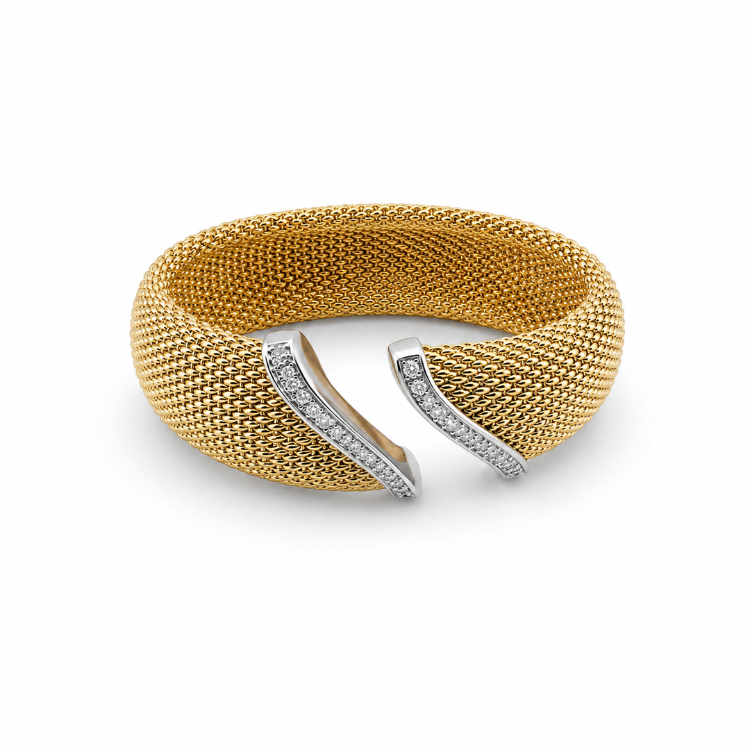 14K Gold Plated Sterling Silver & CZ Pavé Mesh Beaded Cuff Bracelet