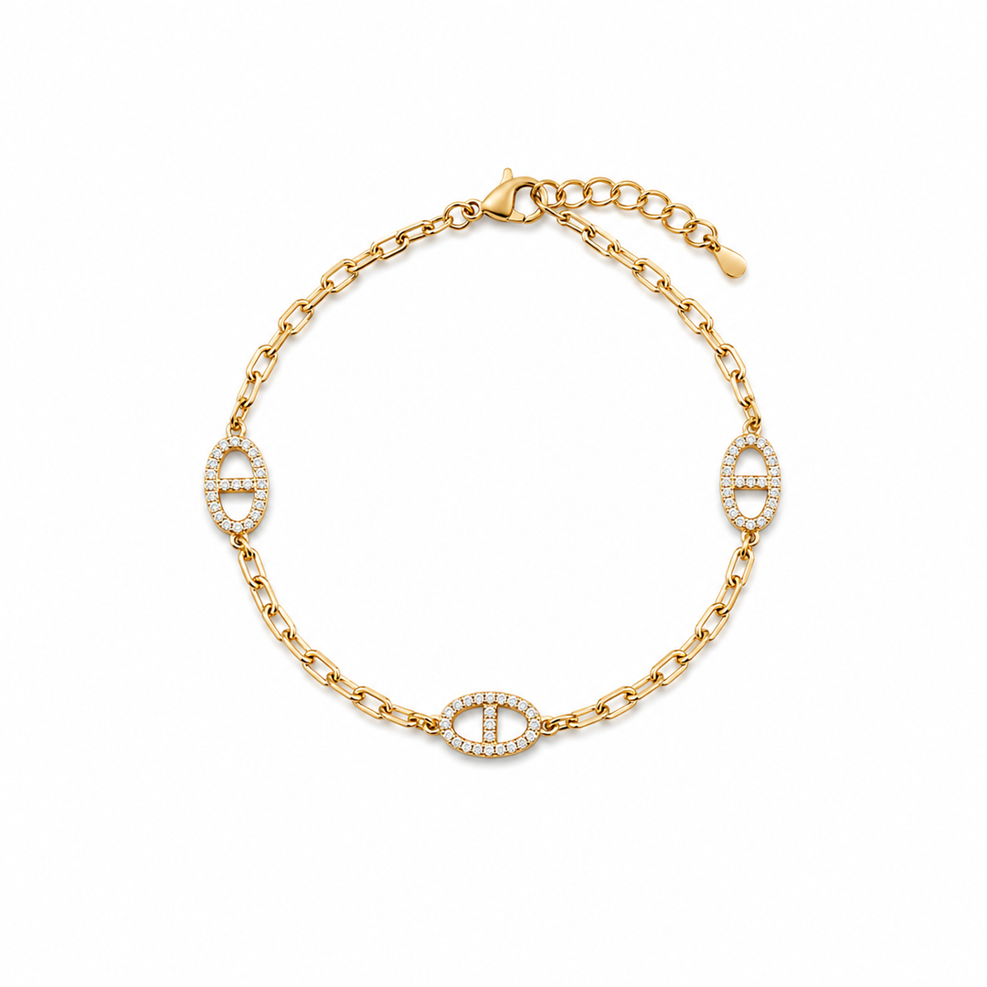14K Gold Plated Sterling Silver & CZ Pavé Oval Station Bracelet