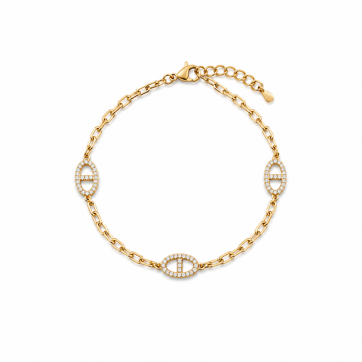 14K Gold Plated Sterling Silver & CZ Pavé Oval Station Bracelet