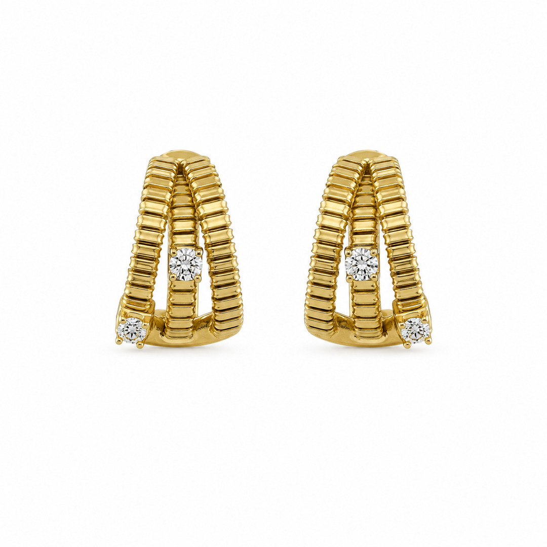 14K Gold Plated Sterling Silver & CZ Ribbed Huggie Earrings