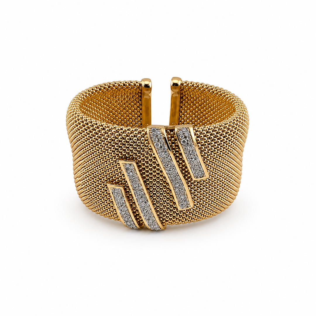 14K Gold Plated Sterling Silver & CZ Pavé Mesh Wrap Cuff Bracelet