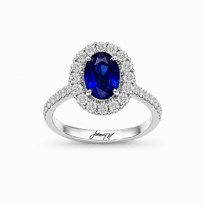 14K White Gold Johnny N. Design Sapphire and Diamond Halo Ring ~ 5 1/3 Ct