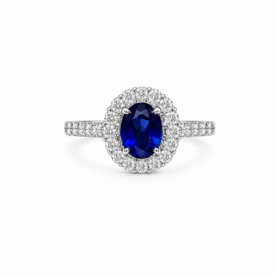 14K White Gold Johnny N. Design Sapphire and Diamond Halo Ring ~ 5 1/3 Ct