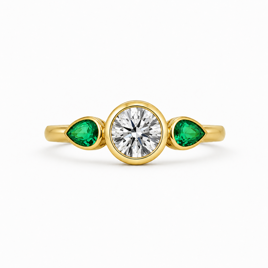 18K Yellow Gold Johnny N. Design Three-Stone Diamond & Emerald Ring ~ 4 Ct