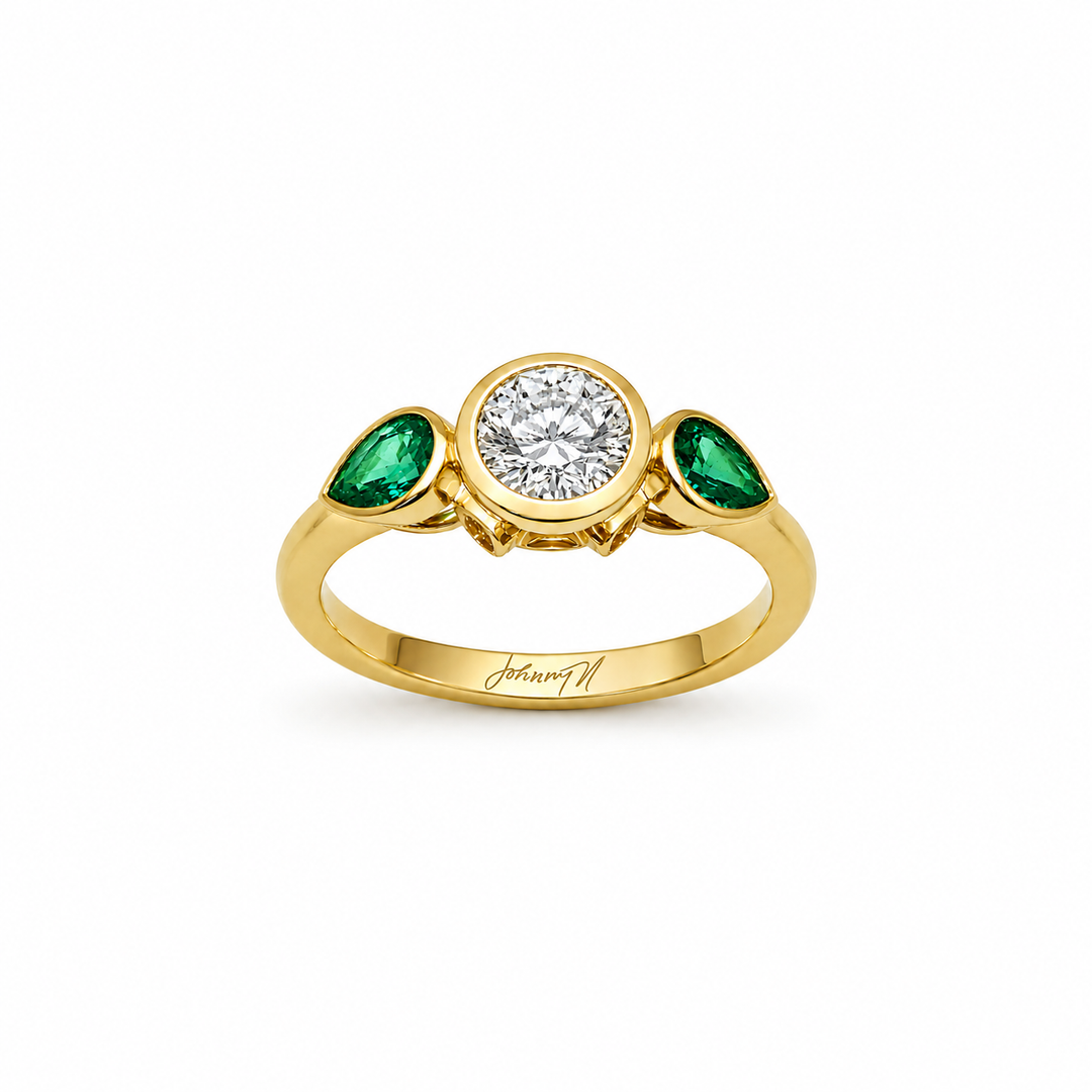 18K Yellow Gold Johnny N. Design Three-Stone Diamond & Emerald Ring ~ 4 Ct