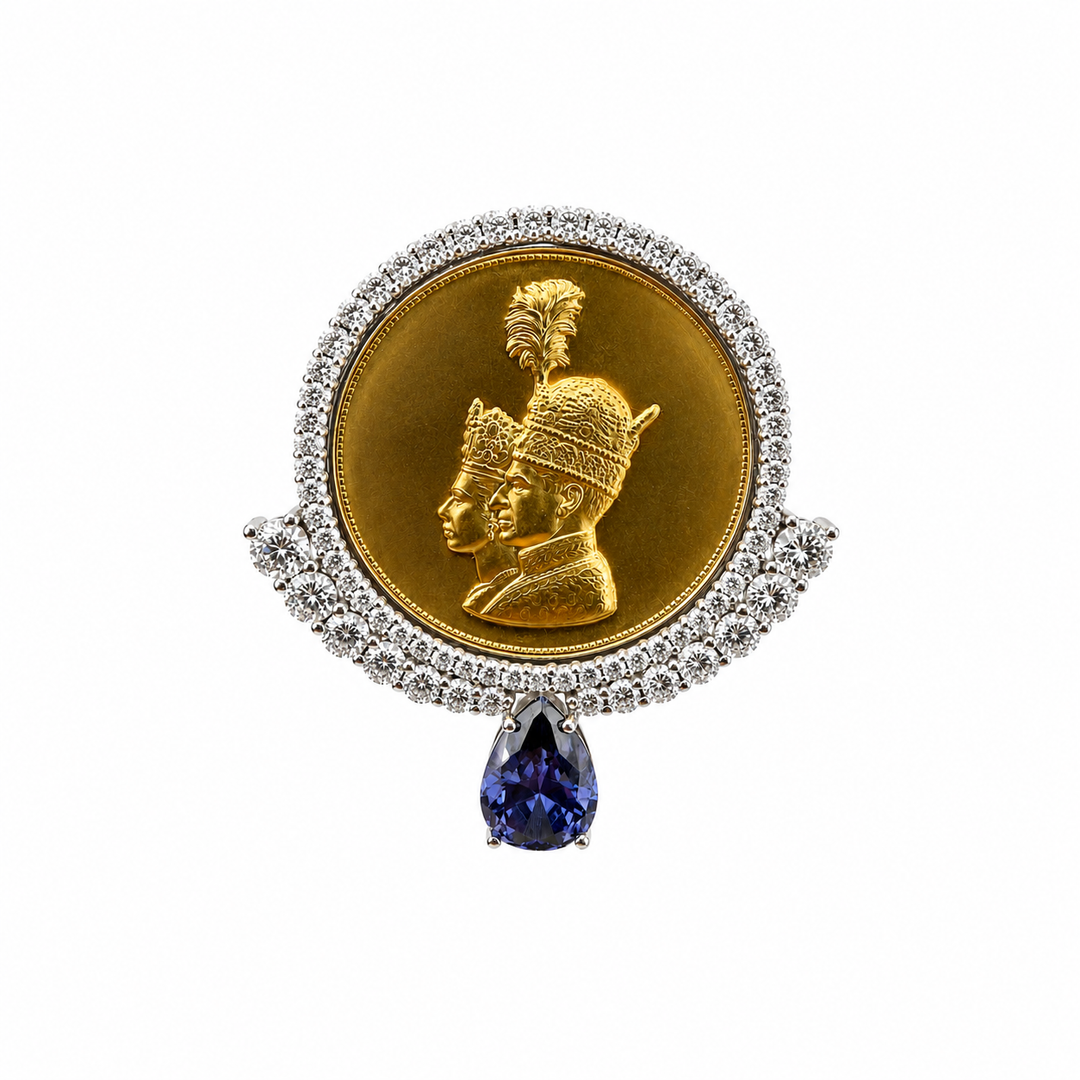 18k Two-Tone Gold Sapphire & Diamond Johnny N. Design Imperial Coin Pendant & Brooch 13 ¼ Ct