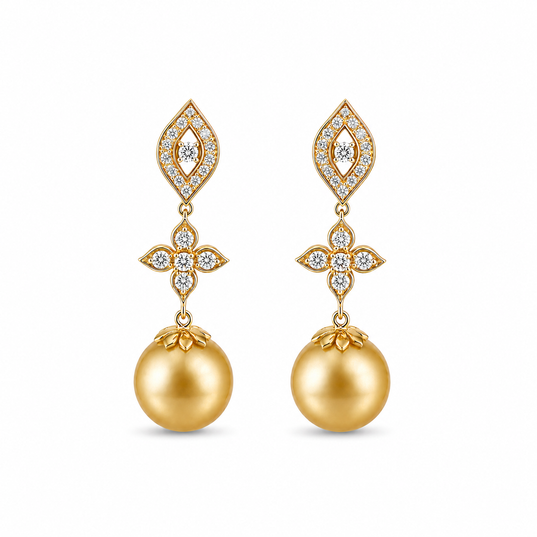 18K Yellow Gold Golden Pearl & Diamond Johnny N. Design Dangling Earrings ~ 1 Ct