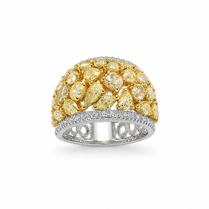 18K Two-Tone Gold Johnny N. Design Fancy Yellow Diamond Mosaic Statement Ring ~ 7 ½ Ct