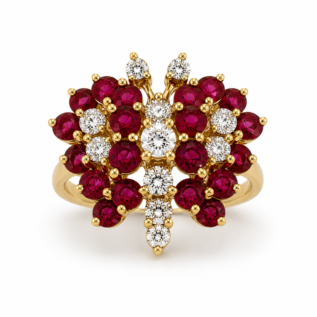 14K Yellow Gold Diamond & Ruby Butterfly Cocktail Ring ~ 1 ½ Ct