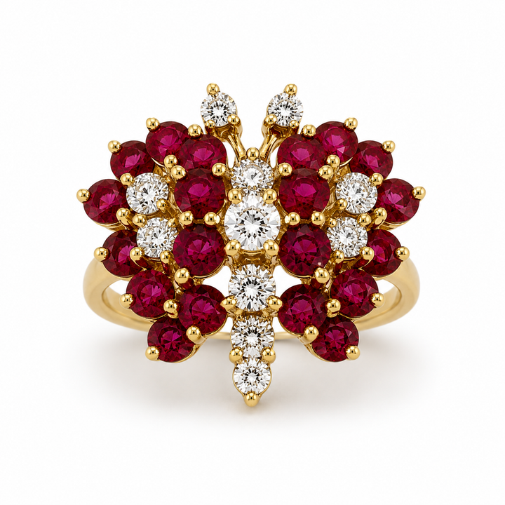 14K Yellow Gold Diamond & Ruby Butterfly Cocktail Ring ~ 1 ½ Ct