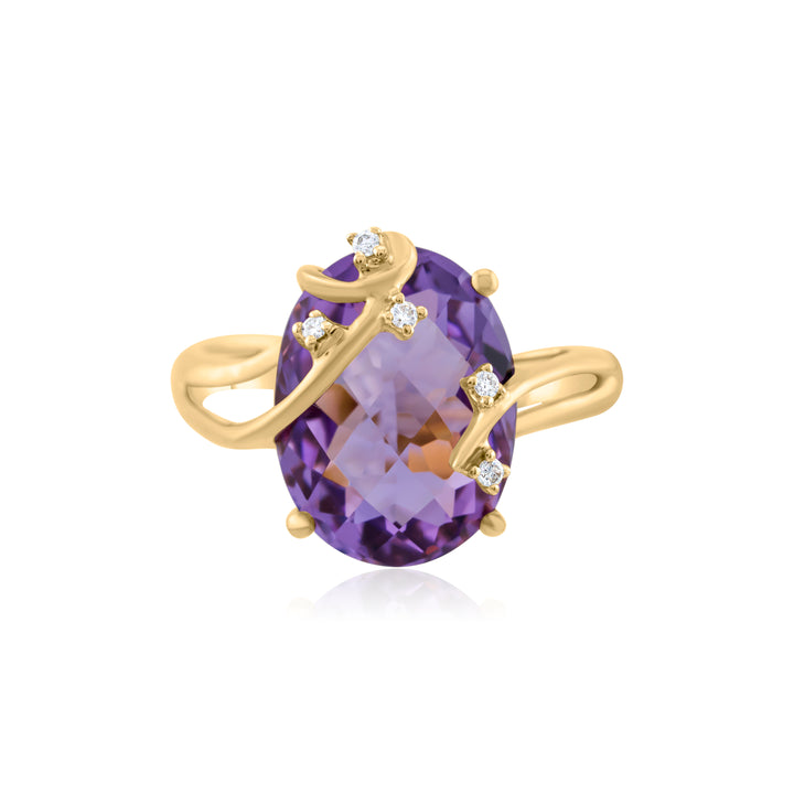 14K Yellow Gold Amethyst & Diamond Fashion Ring 6.14 Ct