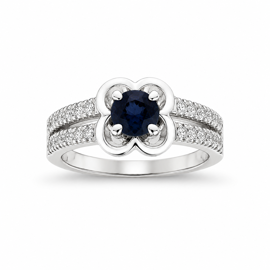 14K White Gold Diamond & Sapphire Floral Cocktail Ring ~ 1 Ct
