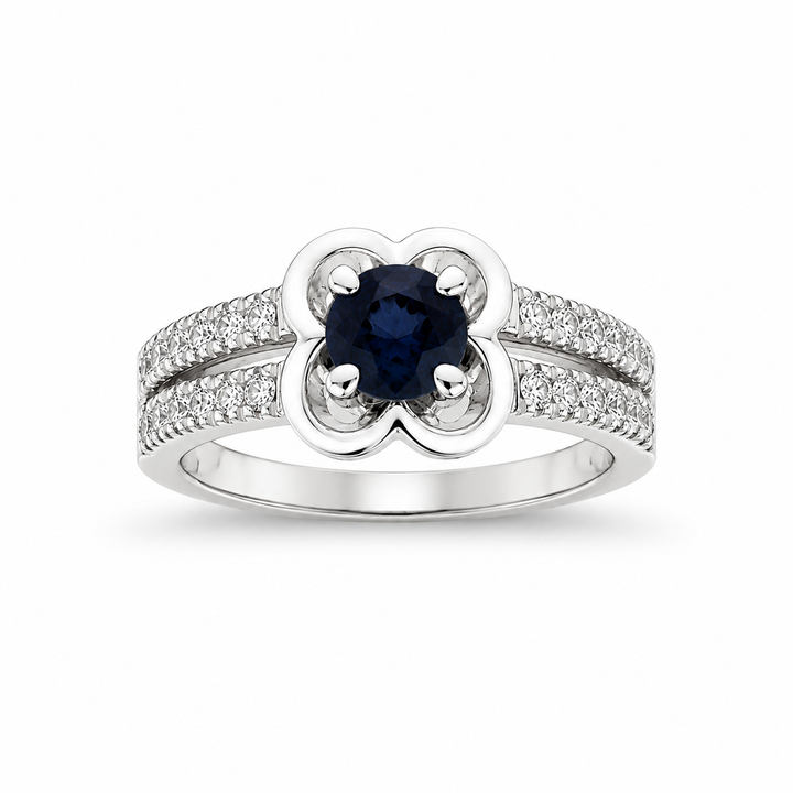14K White Gold Diamond & Sapphire Floral Cocktail Ring ~ 1 Ct
