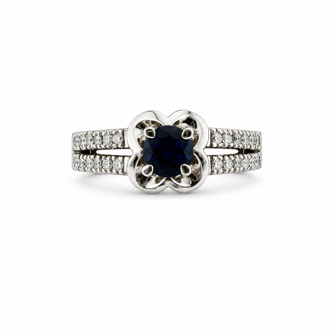 14K White Gold Diamond & Sapphire Floral Cocktail Ring ~ 1 Ct
