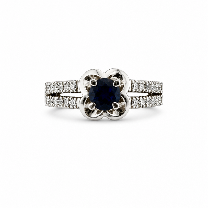 14K White Gold Diamond & Sapphire Floral Cocktail Ring ~ 1 Ct