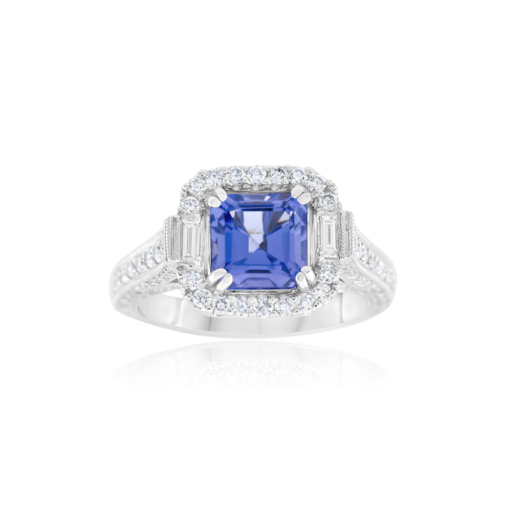 14K White Gold Diamond & Tanzanite Three-Stone Halo Ring ~ 3 1/3 Ct