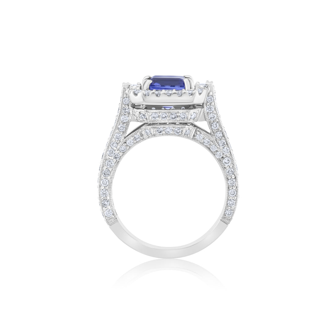 14K White Gold Diamond & Tanzanite Three-Stone Halo Ring ~ 3 1/3 Ct