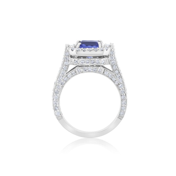 14K White Gold Diamond & Tanzanite Three-Stone Halo Ring ~ 3 1/3 Ct