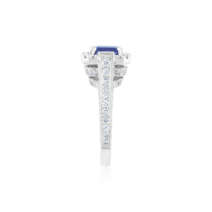 14K White Gold Diamond & Tanzanite Three-Stone Halo Ring ~ 3 1/3 Ct
