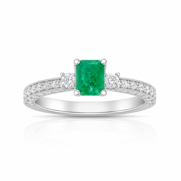 18K White Gold Diamond & Emerald Three-Stone Ring 2 Ct