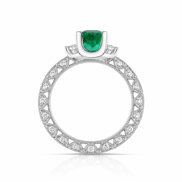 18K White Gold Diamond & Emerald Three-Stone Ring 2 Ct