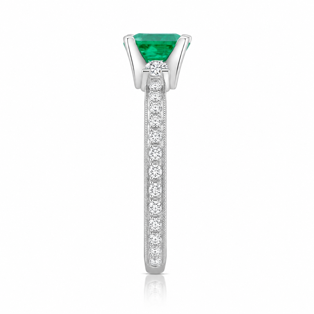 18K White Gold Diamond & Emerald Three-Stone Ring 2 Ct