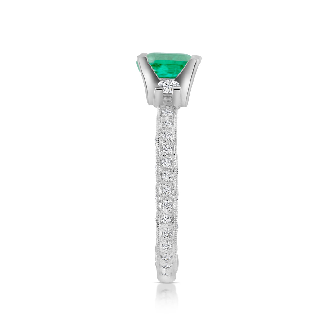 18K White Gold Diamond & Emerald Three-Stone Ring 2 Ct