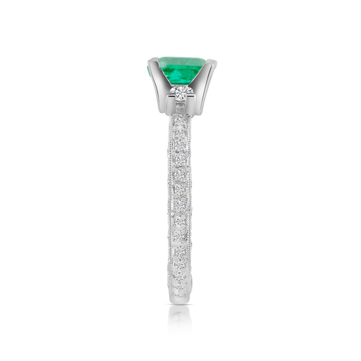 18K White Gold Diamond & Emerald Three-Stone Ring 2 Ct