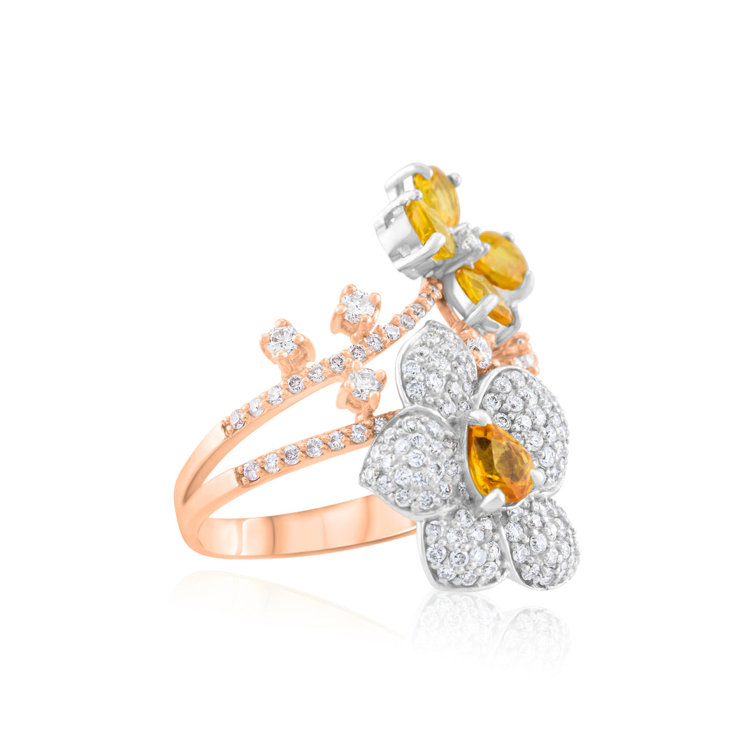 14K Rose Gold Diamond & Yellow Sapphires Floral Bypass Ring ~ 3 Ct