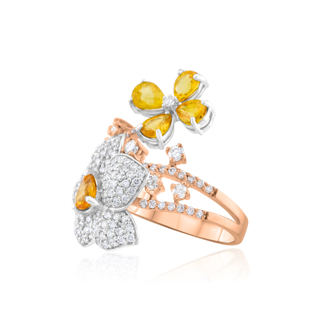 14K Rose Gold Diamond & Yellow Sapphires Floral Bypass Ring ~ 3 Ct