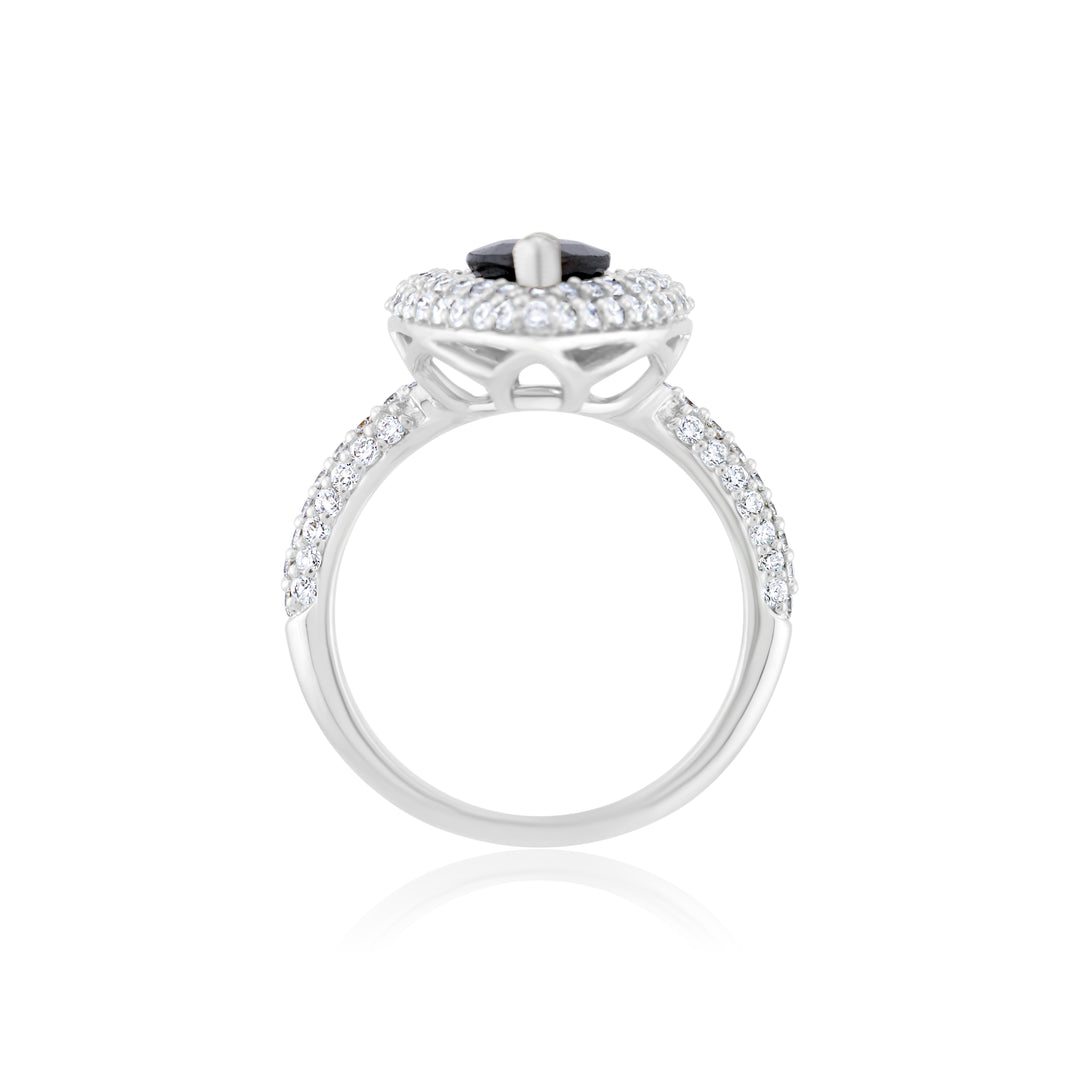 18K White Gold Diamond & Sapphire Halo Right Hand Ring ~ 3.15 Ct