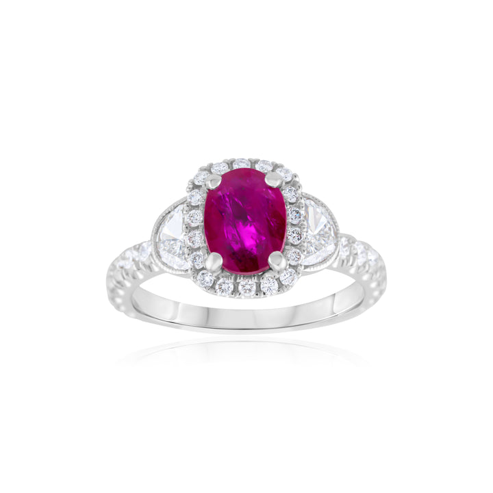 18K White Gold Diamond & Ruby Three-Stone Ring ~ 3 ½ Ct