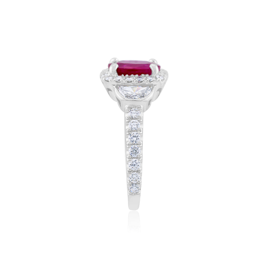 18K White Gold Diamond & Ruby Three-Stone Ring ~ 3 ½ Ct