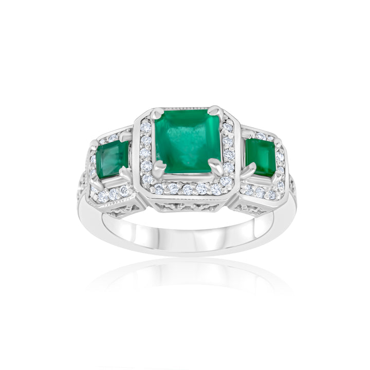 14K White Gold Diamond & Emerald Halo Three-Stone Ring 2 1/3 Ct