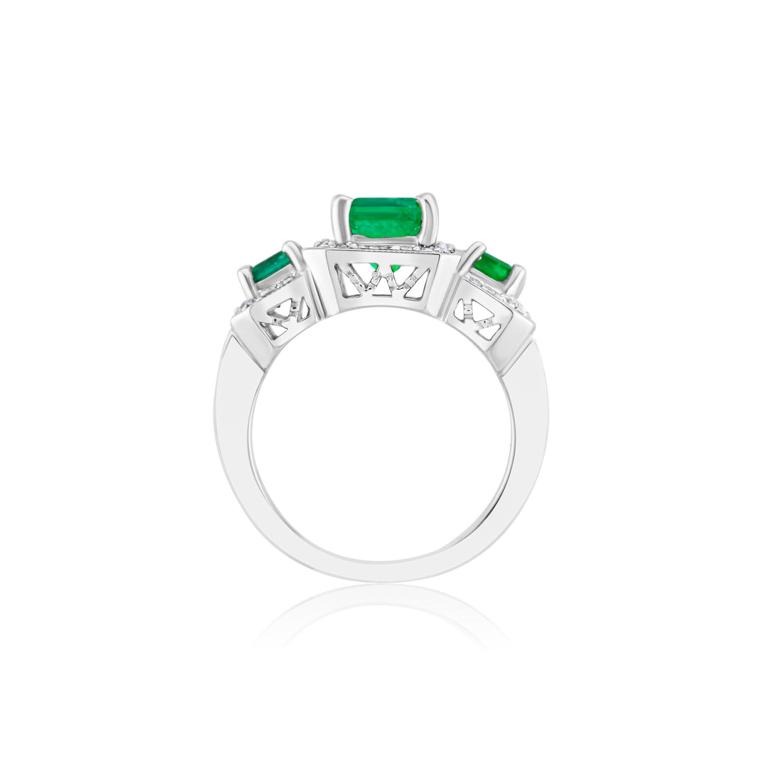 14K White Gold Diamond & Emerald Halo Three-Stone Ring 2 1/3 Ct