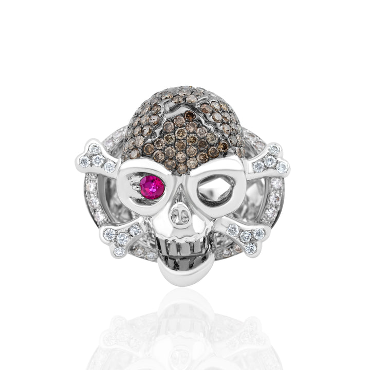 18K White Gold Diamond & Ruby Skull Ring ~ 2 1/3 Ct
