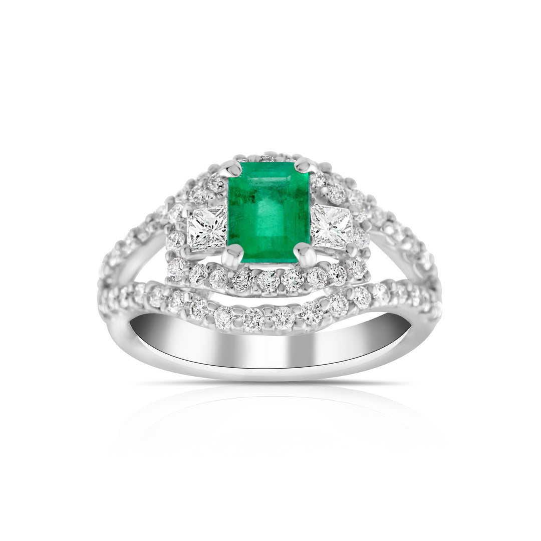 18K White Gold Diamond & Emerald Halo Right Hand Ring ~ 2 Ct