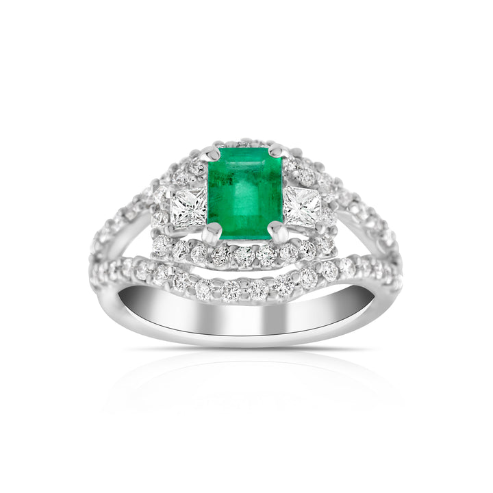 18K White Gold Diamond & Emerald Halo Right Hand Ring ~ 2 Ct