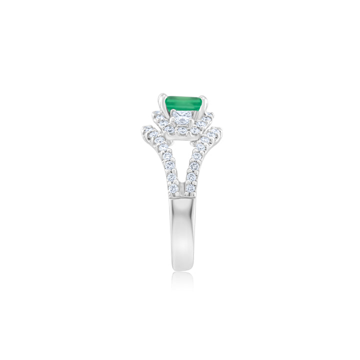 18K White Gold Diamond & Emerald Halo Right Hand Ring ~ 2 Ct