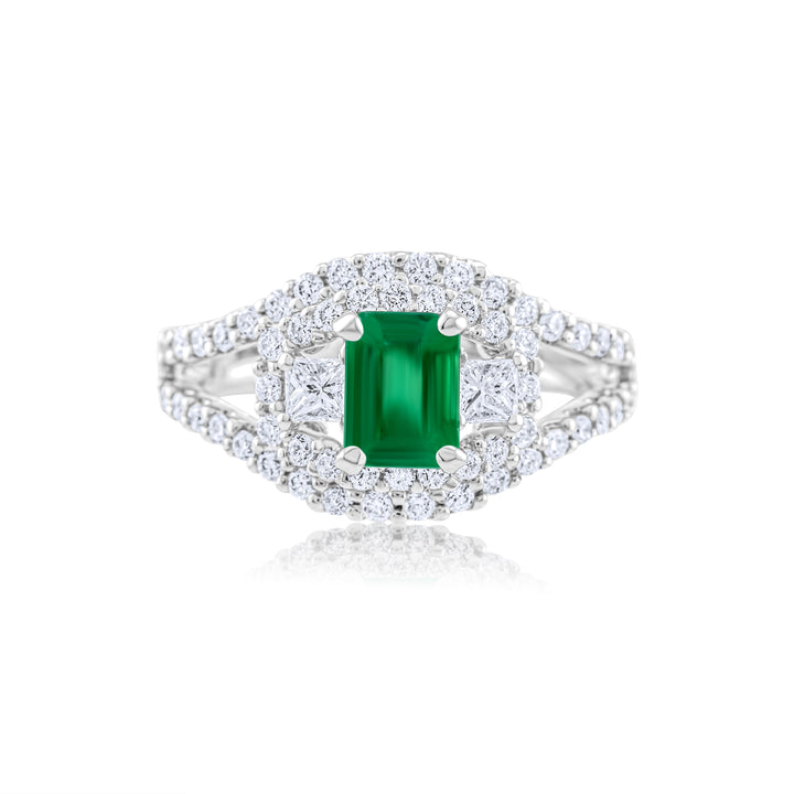 18K White Gold Diamond & Emerald Halo Right Hand Ring ~ 2 Ct