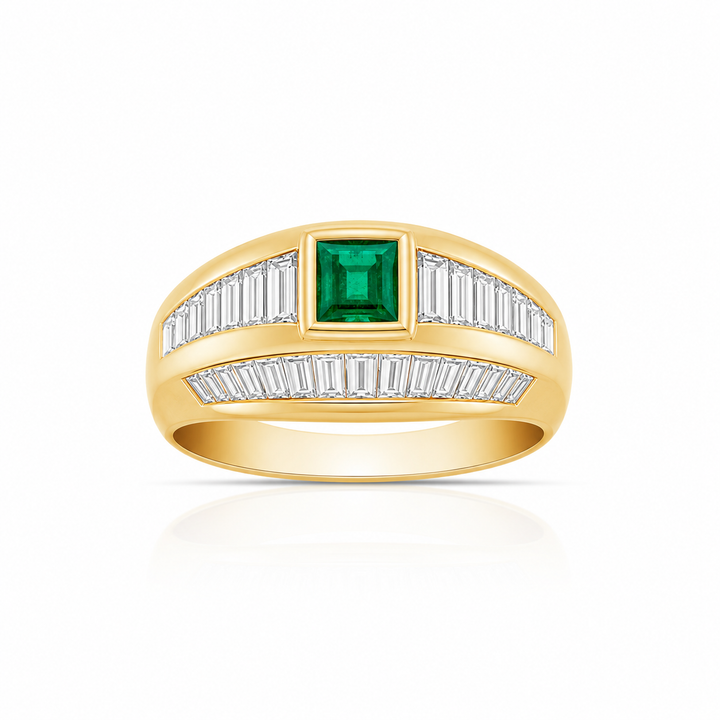 18K Yellow Gold Diamond & Emerald Statement Ring ~ 1 ½ Ct