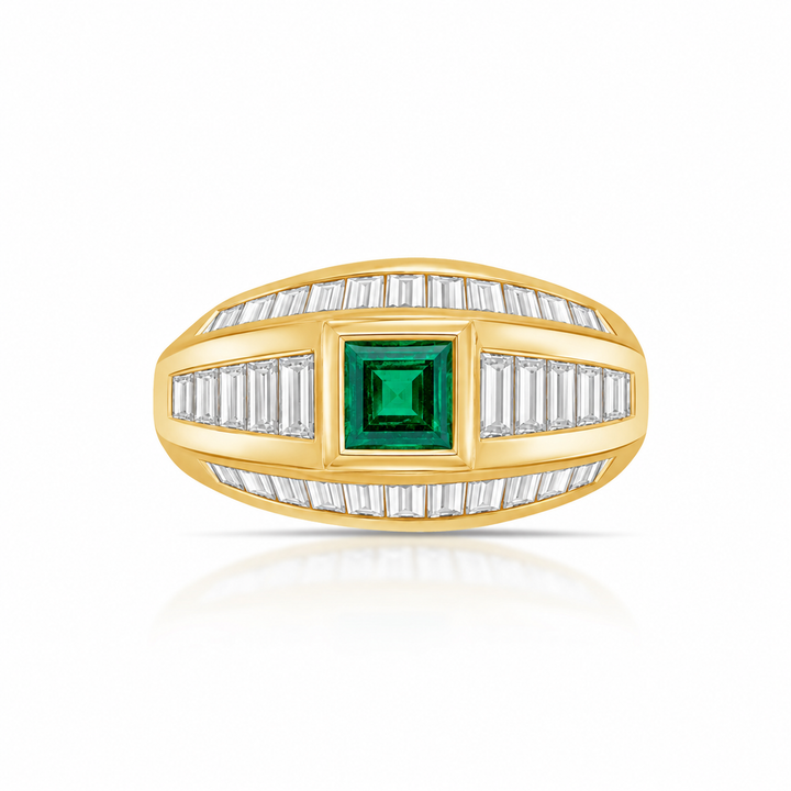 18K Yellow Gold Diamond & Emerald Statement Ring ~ 1 ½ Ct