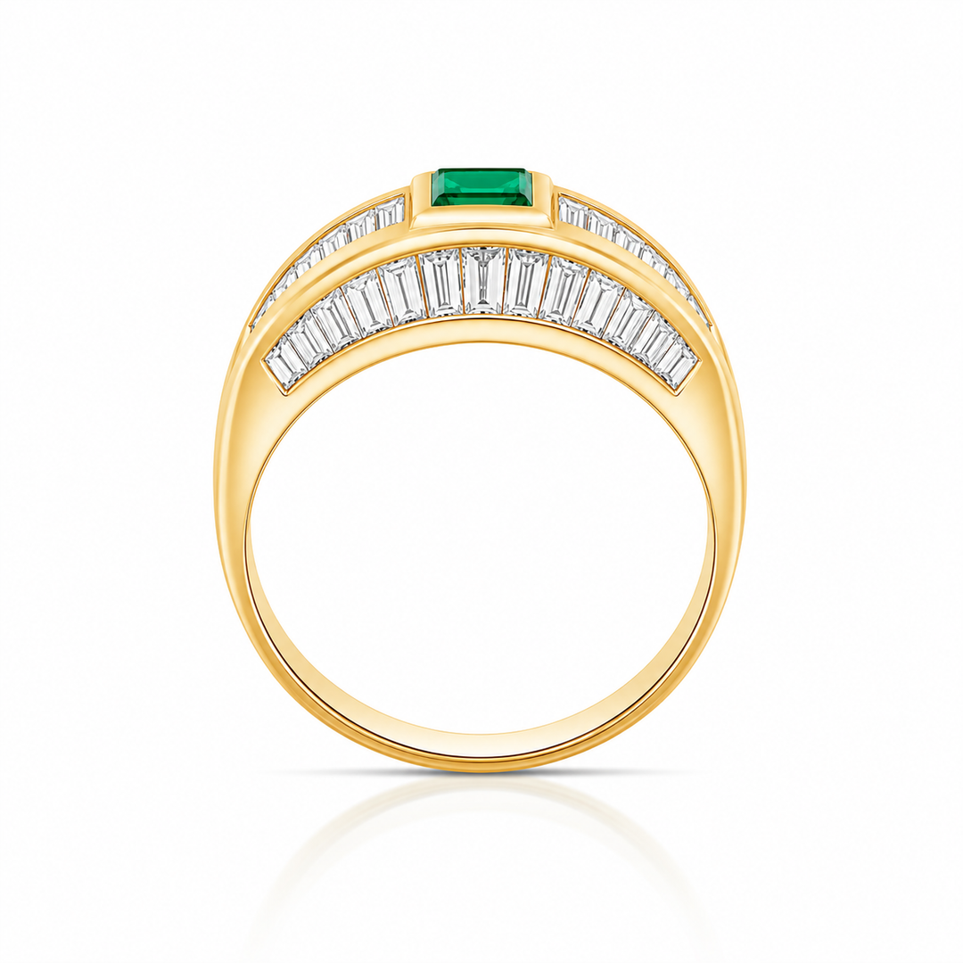 18K Yellow Gold Diamond & Emerald Statement Ring ~ 1 ½ Ct